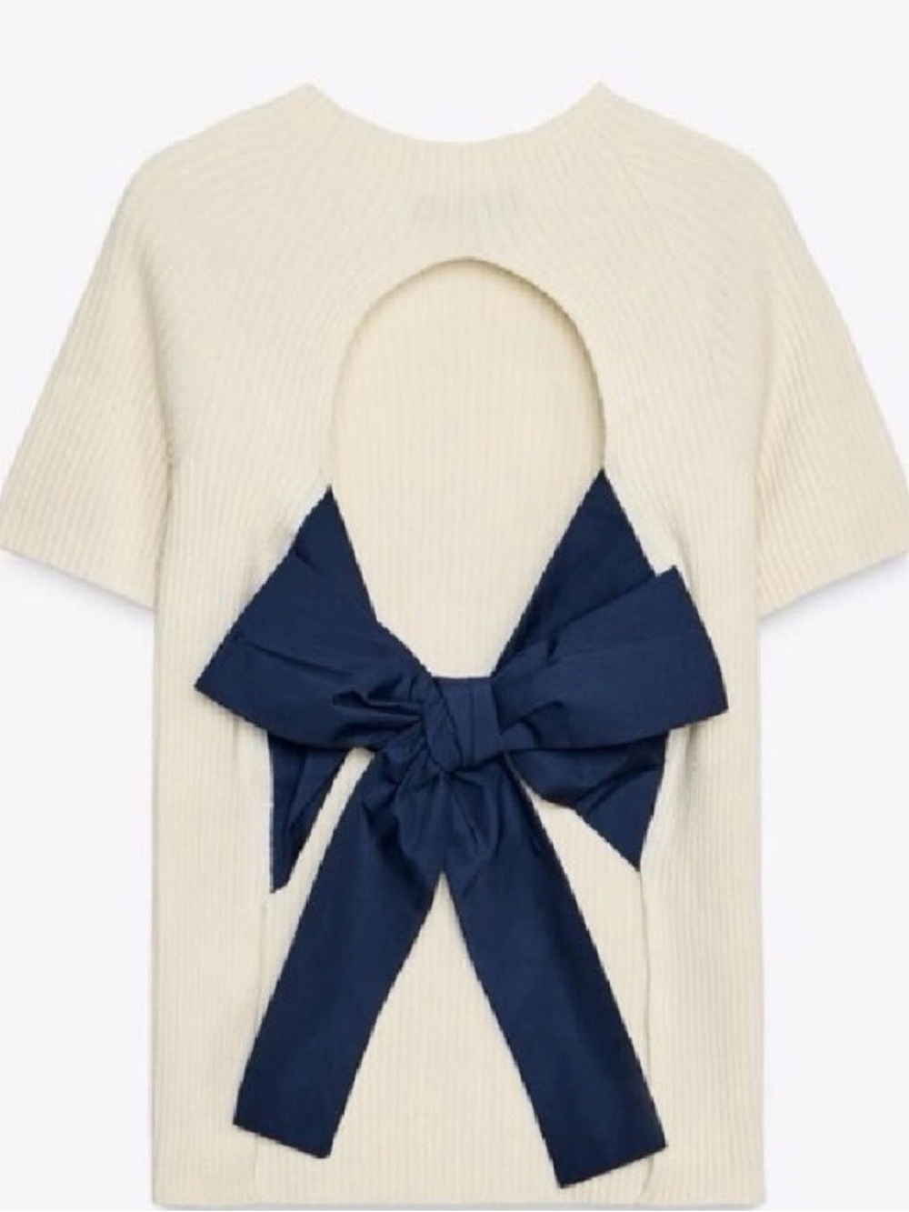 NWT. Zara Cream/Blue Knit Top with Bow. Size S.